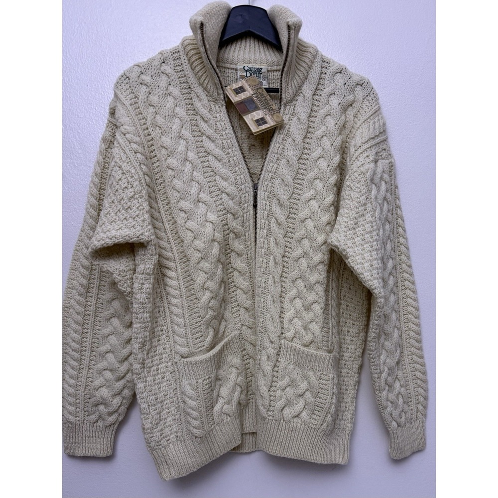 NWT Carraig Donn Men's Aran‎ Pure New Wool Full Zip Cable Knit Cardigan Sz M